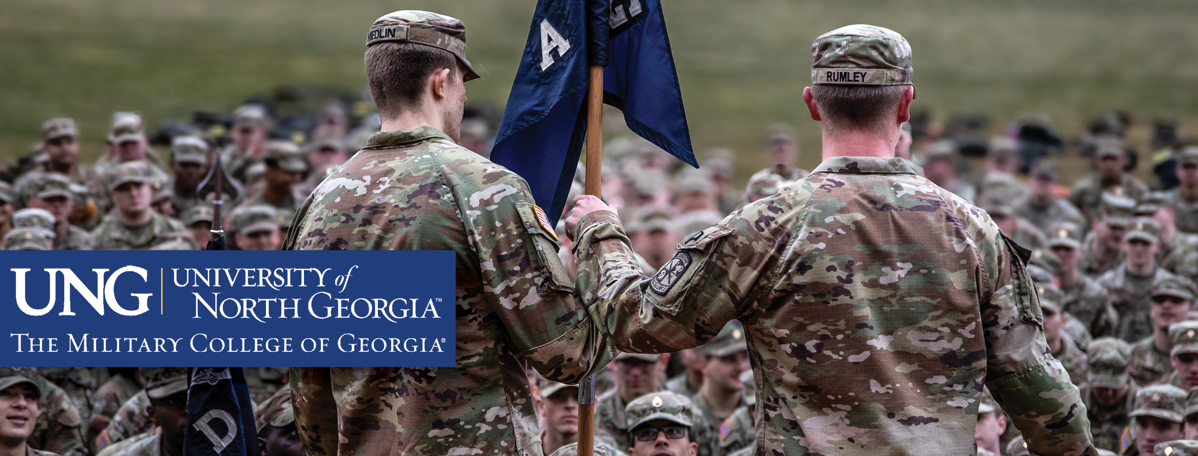 Cadet and a helicopter with the University of North Georgia, The Military College of Georgia logo